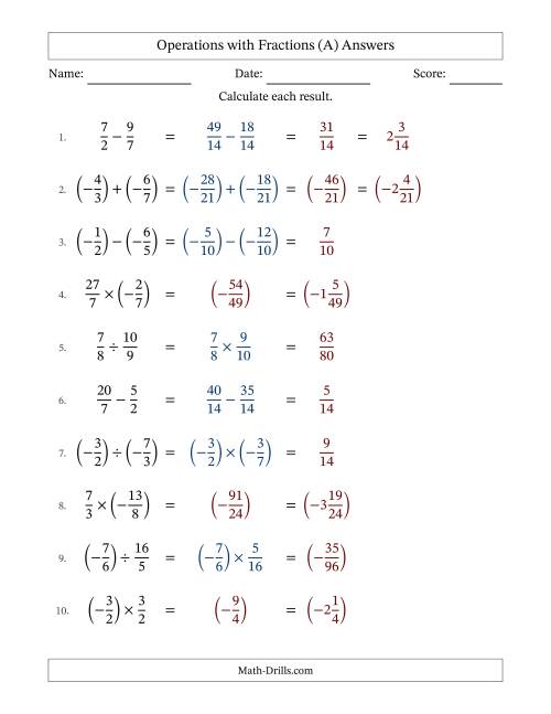The Mixed Operations with Two Fractions with Unlike Denominators, Mixed Fractions Results and Some Simplifying Including Negative Values (Fillable) (A) Math Worksheet Page 2