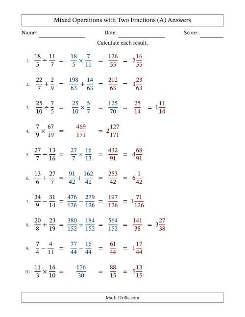 The Mixed Operations with Two Fractions with Unlike Denominators, Mixed Fractions Results and Some Simplifying (Fillable) (A) Math Worksheet Page 2