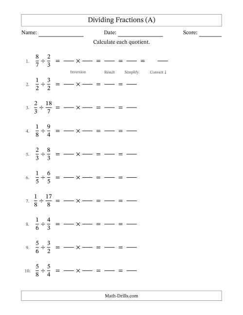 The Dividing Proper and Improper Fractions with All Simplification (Fillable) (A) Math Worksheet