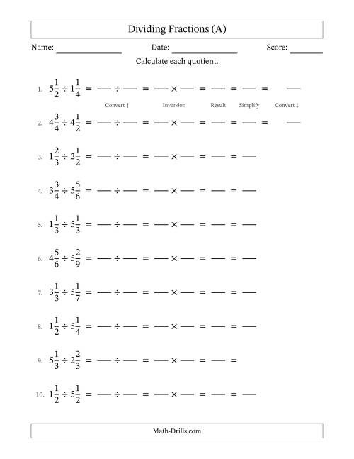 The Dividing Two Mixed Fractions with All Simplification (Fillable) (A) Math Worksheet
