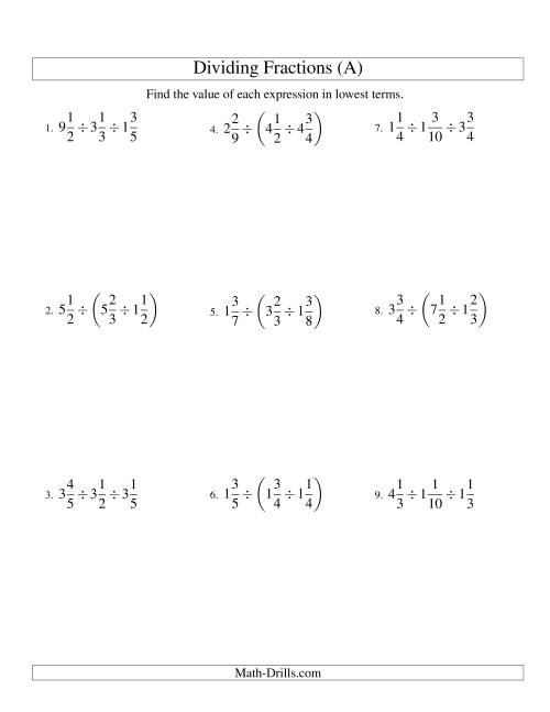 The Dividing and Simplifying Mixed Fractions with Three Terms (A) Math Worksheet