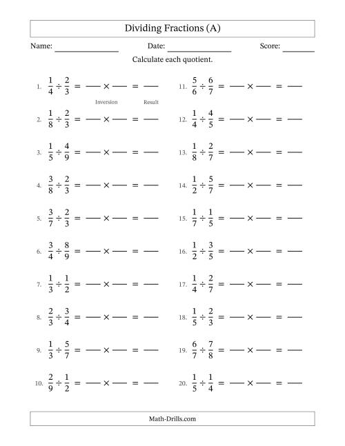 The Dividing Two Proper Fractions with No Simplification (Fillable) (A) Math Worksheet