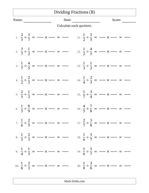 The Dividing Two Proper Fractions with No Simplification (Fillable) (B) Math Worksheet