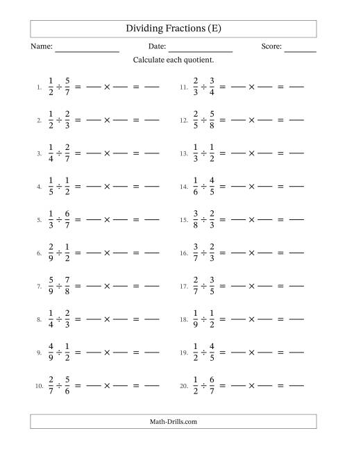The Dividing Two Proper Fractions with No Simplification (Fillable) (E) Math Worksheet