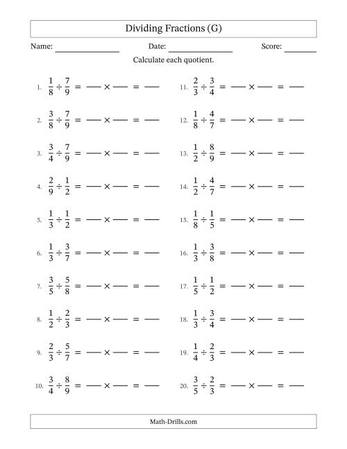 The Dividing Two Proper Fractions with No Simplification (Fillable) (G) Math Worksheet