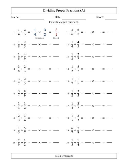 The Dividing Two Proper Fractions with No Simplifying (Fillable) (All) Math Worksheet