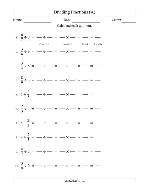 The Dividing Proper Fractions and Whole Numbers with All Simplification (Fillable) (A) Math Worksheet