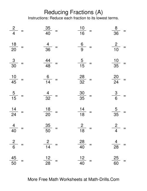 Reducing Fractions to Lowest Terms (A) Fractions Worksheet
