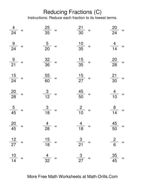 The Reducing Fractions to Lowest Terms (C) Math Worksheet