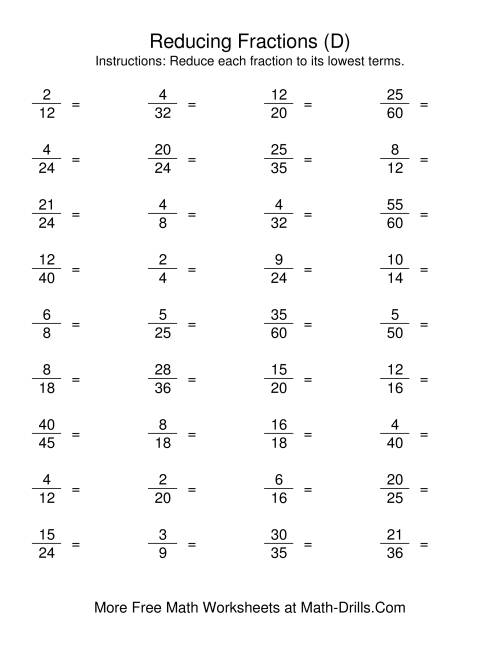 The Reducing Fractions to Lowest Terms (D) Math Worksheet