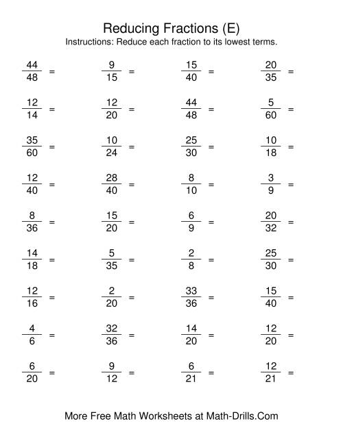 The Reducing Fractions to Lowest Terms (E) Math Worksheet