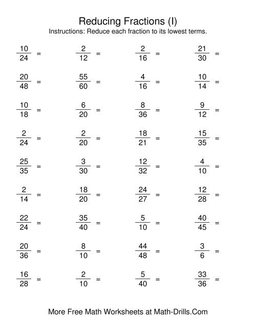 The Reducing Fractions to Lowest Terms (I) Math Worksheet