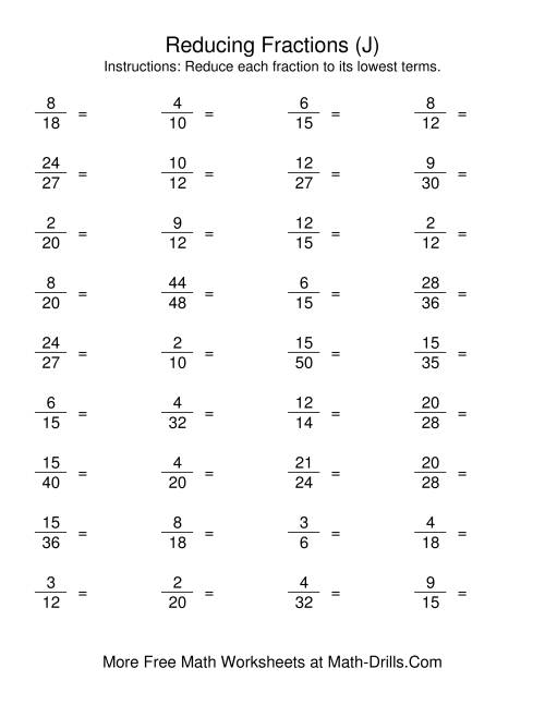The Reducing Fractions to Lowest Terms (J) Math Worksheet