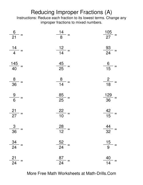The Reducing Improper Fractions to Lowest Terms (A) Math Worksheet