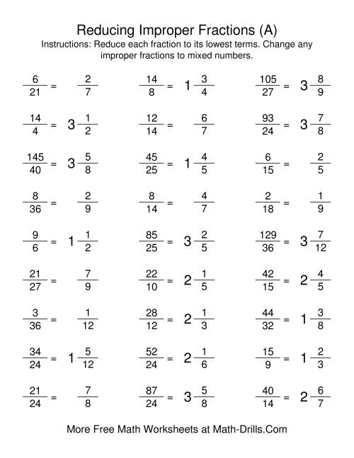 The Reducing Improper Fractions to Lowest Terms (A) Math Worksheet Page 2