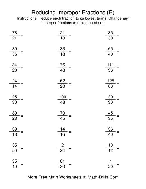 The Reducing Improper Fractions to Lowest Terms (B) Math Worksheet