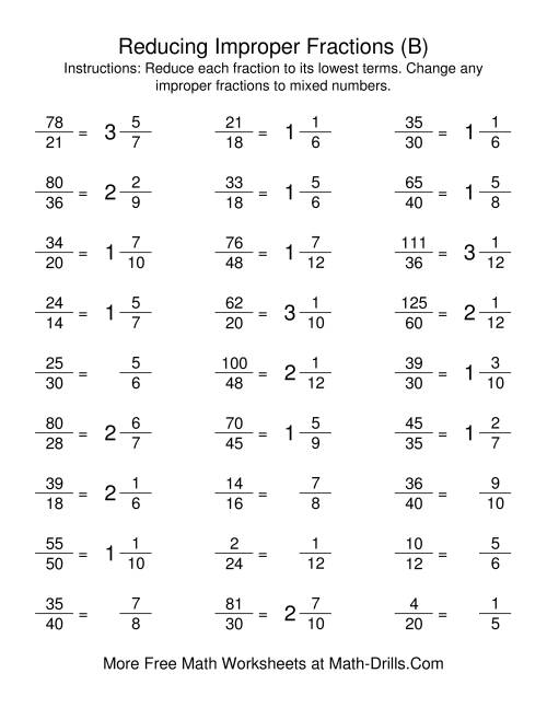 The Reducing Improper Fractions to Lowest Terms (B) Math Worksheet Page 2