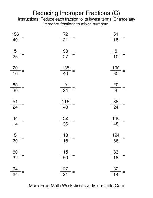 The Reducing Improper Fractions to Lowest Terms (C) Math Worksheet