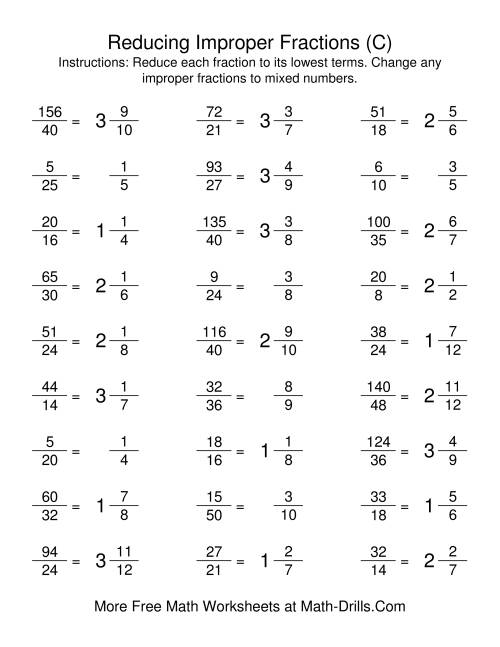 The Reducing Improper Fractions to Lowest Terms (C) Math Worksheet Page 2