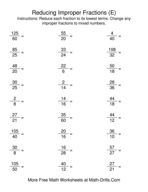 The Reducing Improper Fractions to Lowest Terms (E) Math Worksheet