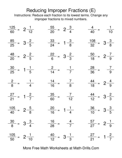 The Reducing Improper Fractions to Lowest Terms (E) Math Worksheet Page 2