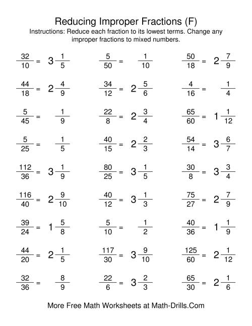 The Reducing Improper Fractions to Lowest Terms (F) Math Worksheet Page 2