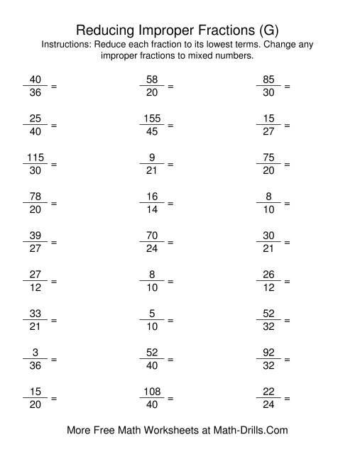 The Reducing Improper Fractions to Lowest Terms (G) Math Worksheet