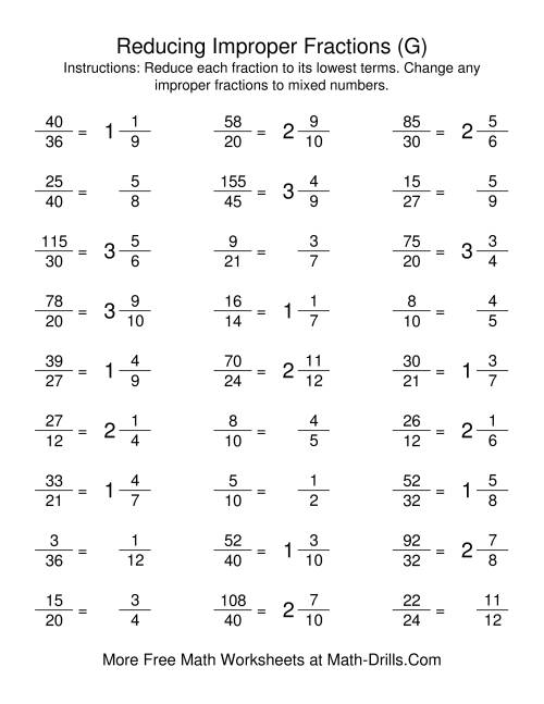 The Reducing Improper Fractions to Lowest Terms (G) Math Worksheet Page 2