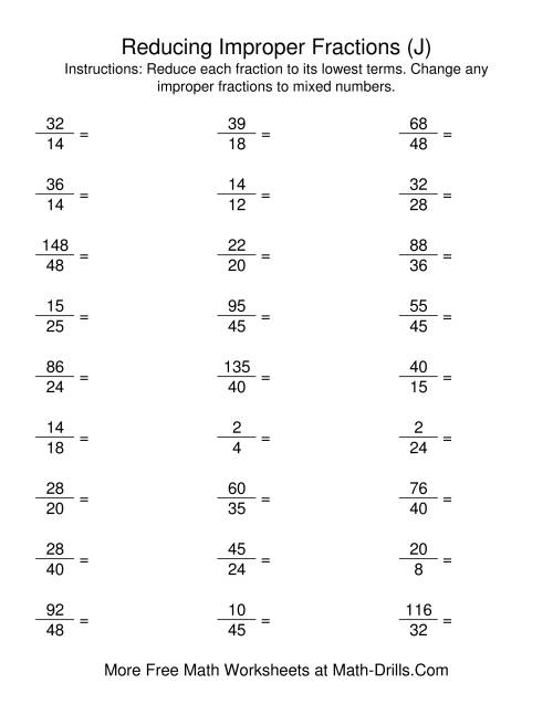 The Reducing Improper Fractions to Lowest Terms (J) Math Worksheet