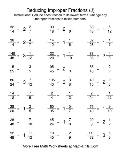 The Reducing Improper Fractions to Lowest Terms (J) Math Worksheet Page 2