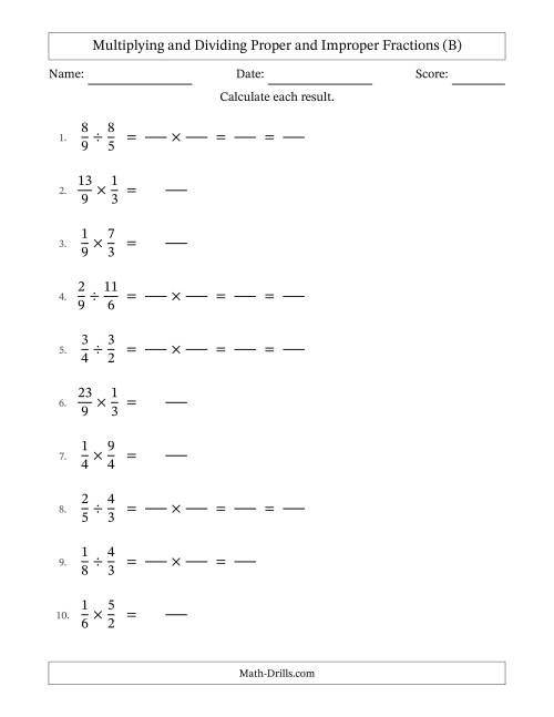 The Multiplying and Dividing Proper and Improper Fractions with Some Simplifying (Fillable) (B) Math Worksheet