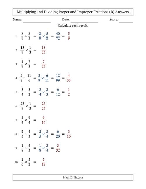 The Multiplying and Dividing Proper and Improper Fractions with Some Simplifying (Fillable) (B) Math Worksheet Page 2