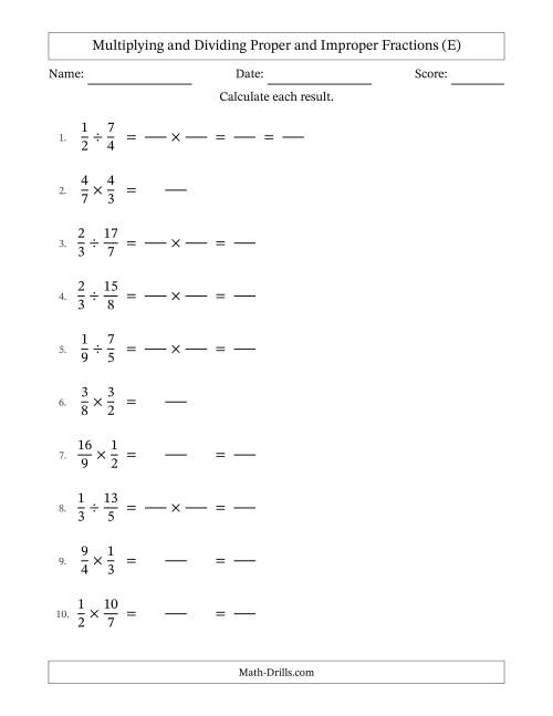 The Multiplying and Dividing Proper and Improper Fractions with Some Simplifying (Fillable) (E) Math Worksheet