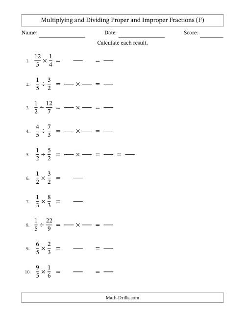 The Multiplying and Dividing Proper and Improper Fractions with Some Simplifying (Fillable) (F) Math Worksheet