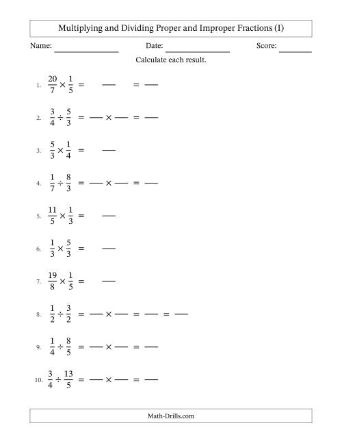 The Multiplying and Dividing Proper and Improper Fractions with Some Simplifying (Fillable) (I) Math Worksheet