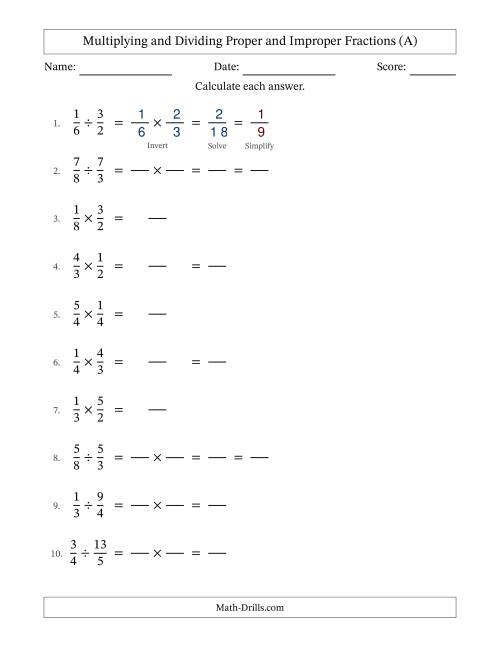 The Multiplying and Dividing Proper and Improper Fractions with Some Simplifying (Fillable) (All) Math Worksheet