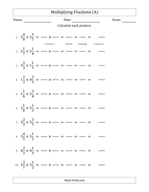 The Multiplying Two Mixed Fractions with All Simplification (Fillable) (A) Math Worksheet
