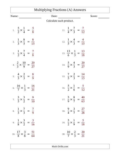 The Multiplying Proper and Improper Fractions with No Simplification (Fillable) (A) Math Worksheet Page 2