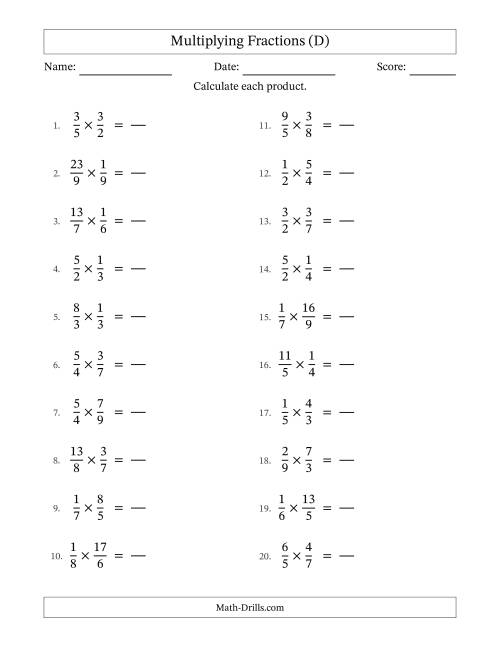 The Multiplying Proper and Improper Fractions with No Simplification (Fillable) (D) Math Worksheet