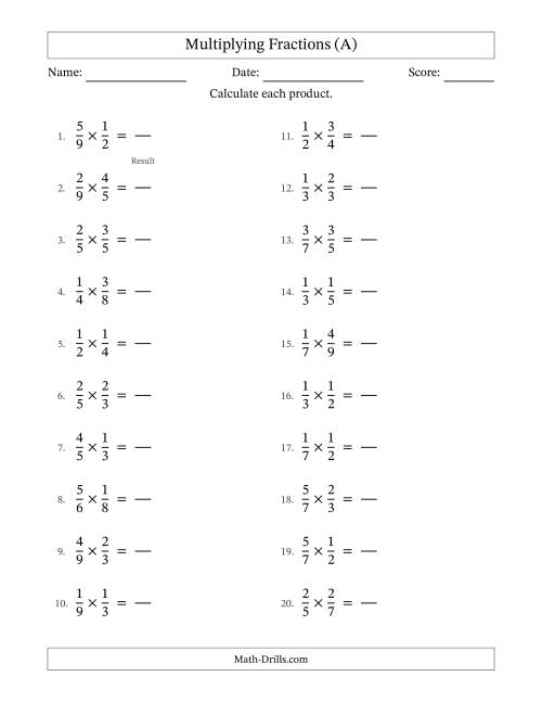 The Multiplying Two Proper Fractions with No Simplification (Fillable) (A) Math Worksheet