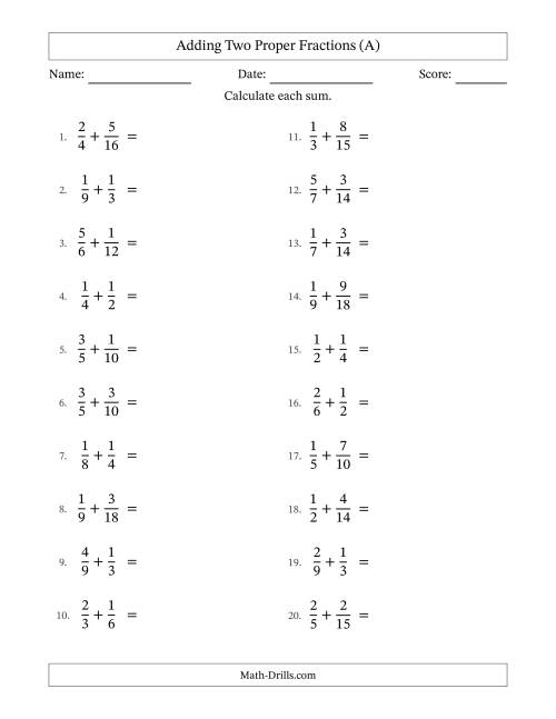The Adding Two Proper Fractions with Similar Denominators, Proper Fractions Results and No Simplifying (A) Math Worksheet