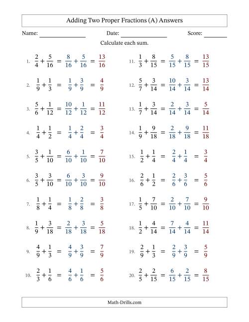 The Adding Two Proper Fractions with Similar Denominators, Proper Fractions Results and No Simplifying (A) Math Worksheet Page 2