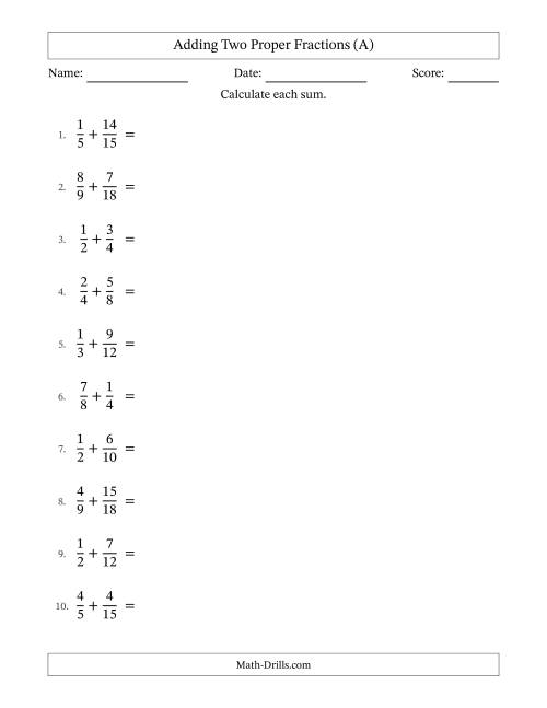 The Adding Two Proper Fractions with Similar Denominators, Mixed Fractions Results and No Simplifying (A) Math Worksheet