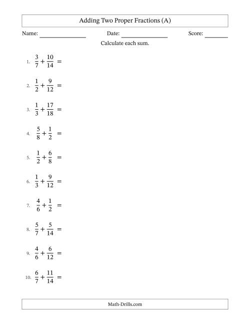 The Adding Two Proper Fractions with Similar Denominators, Mixed Fractions Results and Some Simplifying (A) Math Worksheet