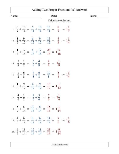 The Adding Two Proper Fractions with Similar Denominators, Mixed Fractions Results and Some Simplifying (A) Math Worksheet Page 2