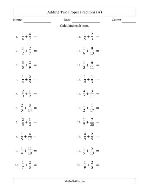 The Adding Two Proper Fractions with Unlike Denominators, Proper Fractions Results and No Simplifying (A) Math Worksheet