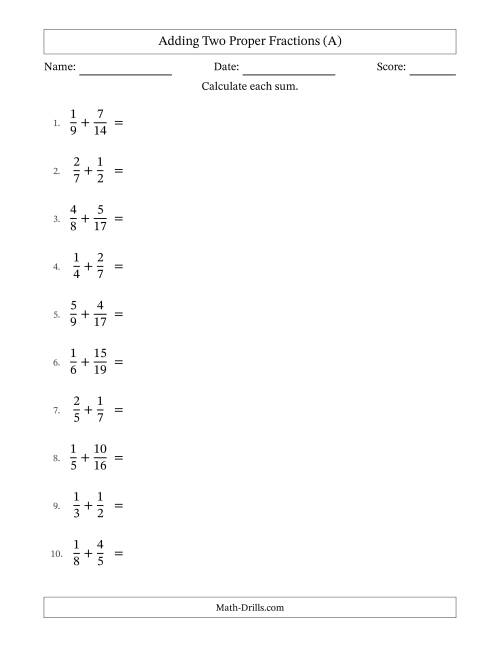 The Adding Two Proper Fractions with Unlike Denominators, Proper Fractions Results and Some Simplifying (A) Math Worksheet