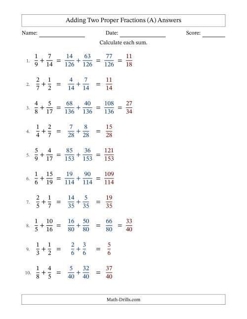 The Adding Two Proper Fractions with Unlike Denominators, Proper Fractions Results and Some Simplifying (A) Math Worksheet Page 2
