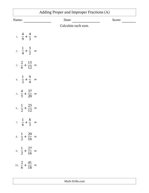 The Adding Proper and Improper Fractions with Similar Denominators, Mixed Fractions Results and No Simplifying (A) Math Worksheet