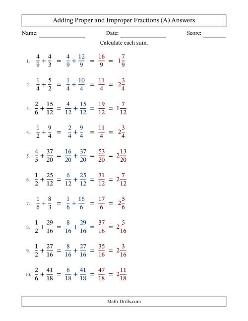 The Adding Proper and Improper Fractions with Similar Denominators, Mixed Fractions Results and No Simplifying (A) Math Worksheet Page 2